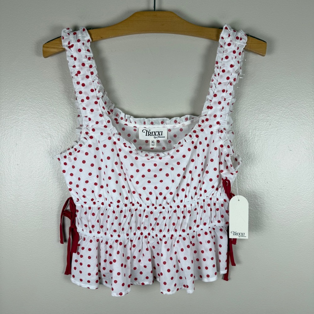 Trixxi Women's XL Tank Top White Red Polka Dot Ruffle Smocked 12CW334XHI